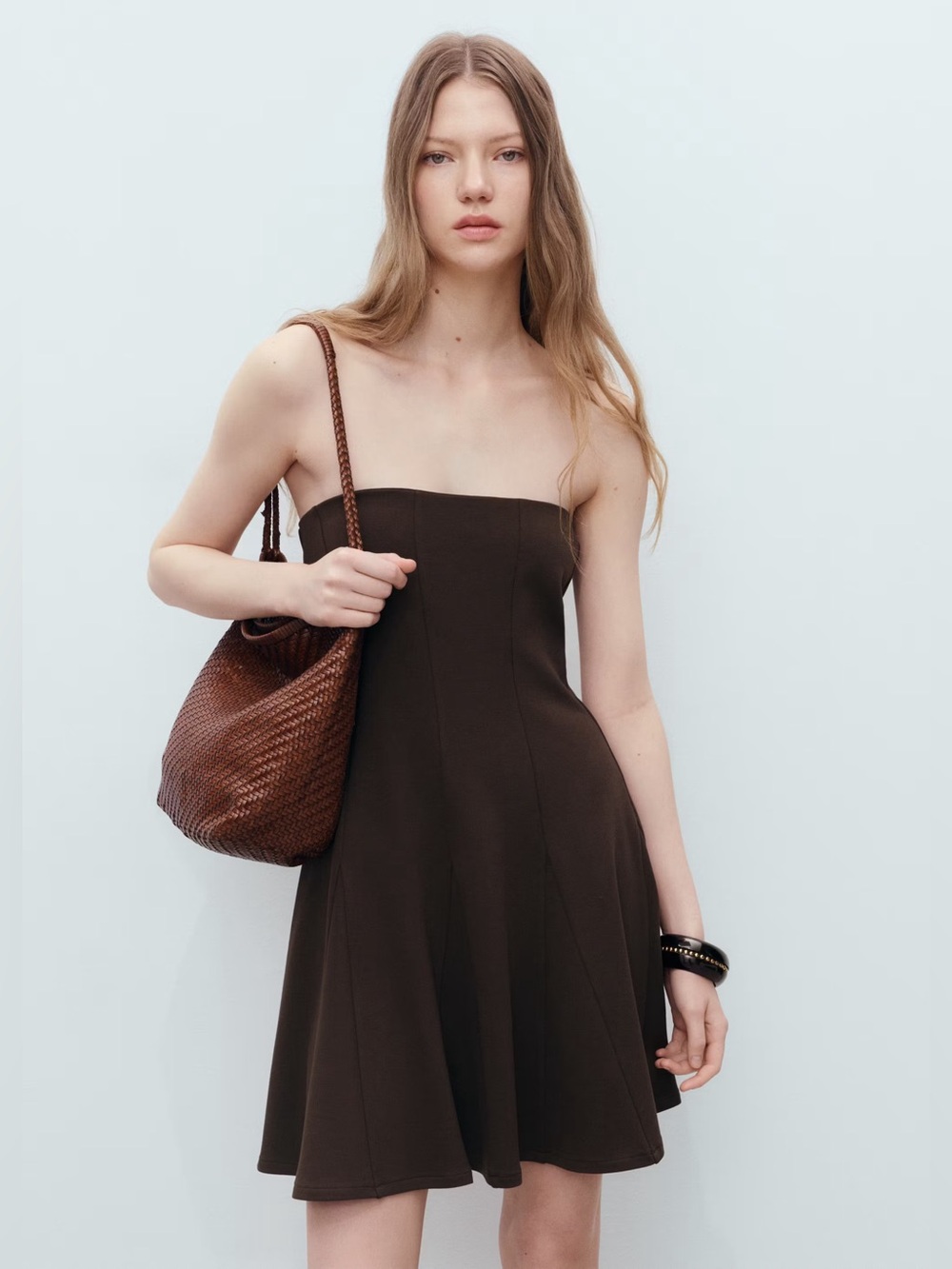 Mango Strapless Brown dress with pleats NWT